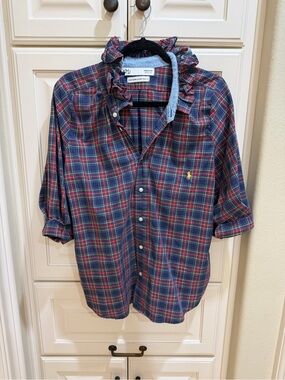 KMJ Southern Lover Ralph Lauren Plaid Button-Up Shirt in Navy, Red & Green